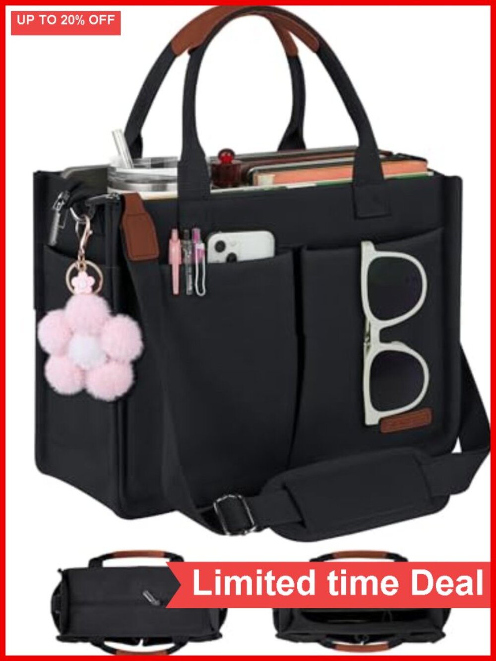 Canvas Tote Bag with Compartments Zipper Top Reinforced Bottom Luggage Sleeve